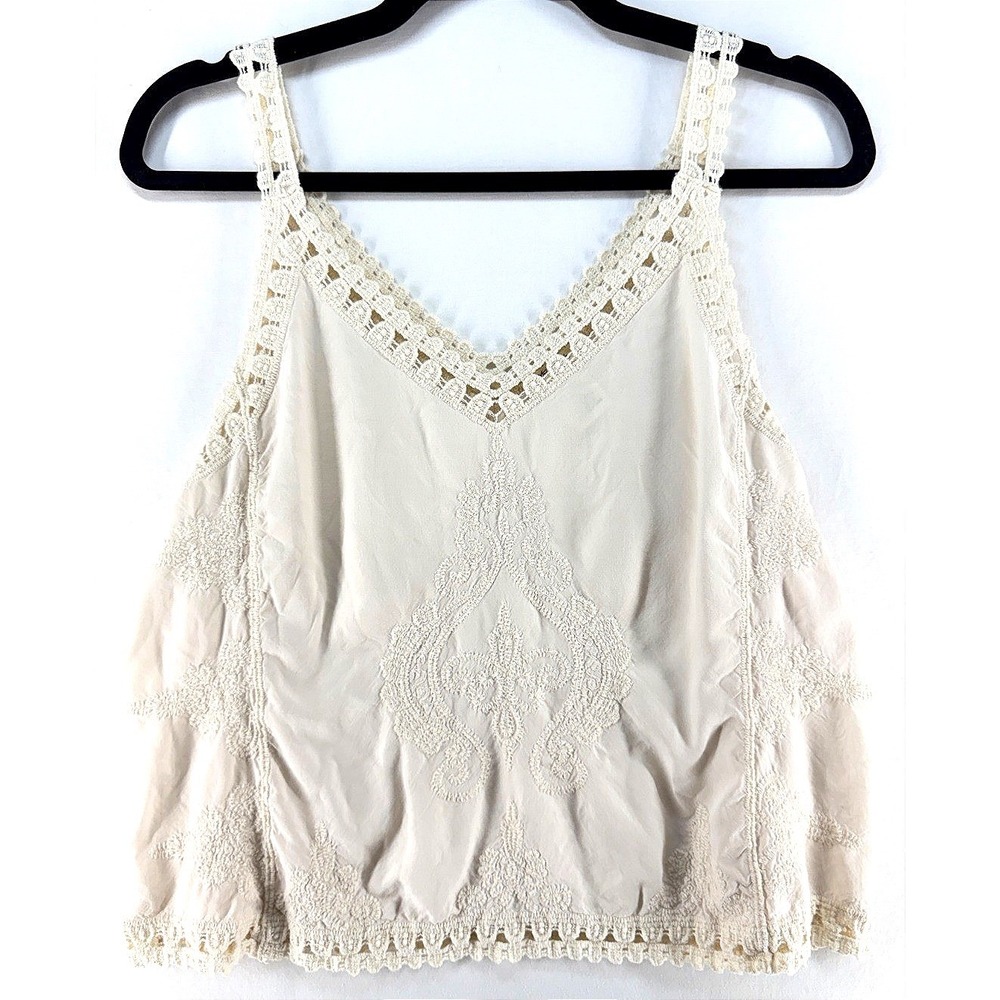 Womens V Neck Embroidered Crochet Rayon Top M Boho Cottagecore Milkmaid Softgirl